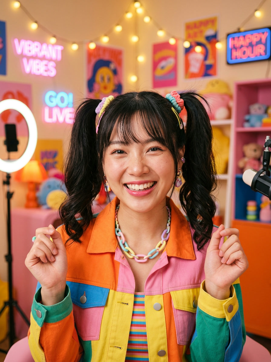 Creator smiling to camera in a colourful streaming room lit with neon signs