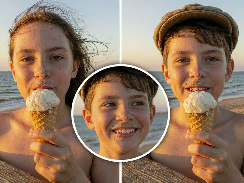 Before and after face swap: a boy eating ice cream on the beach, shown with a new face and cap