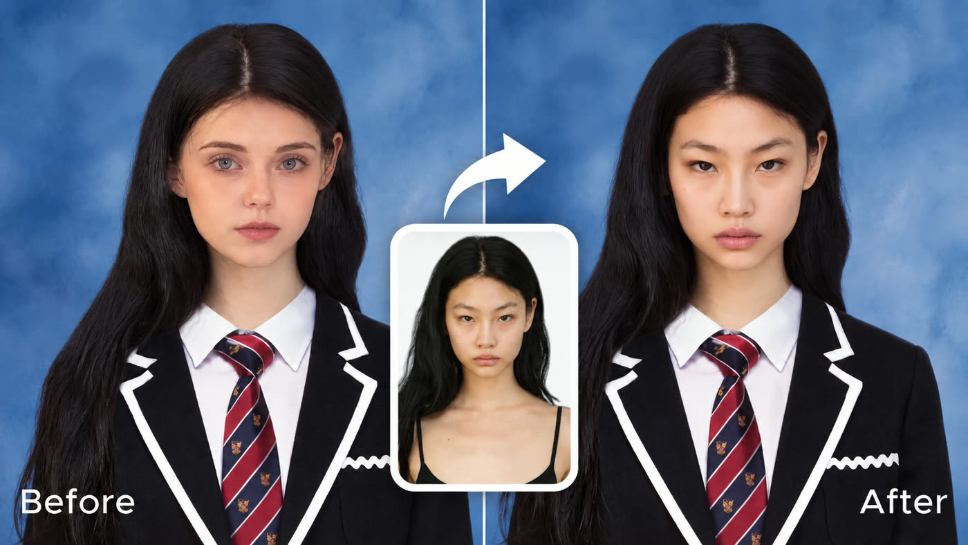 Before and after face swap: a student portrait in a school blazer takes on a new face while hair, uniform and backdrop stay the same