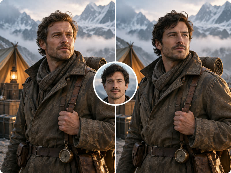 Before and after face swap: a rugged mountain explorer in a worn coat takes on a new face