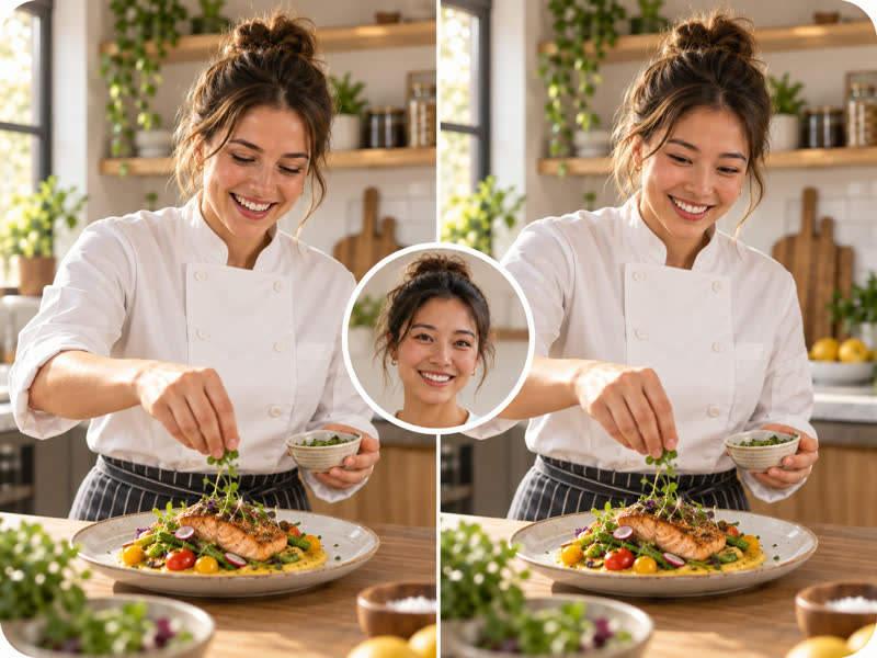 Before and after face swap: a chef plating salmon in a bright kitchen takes on a new face