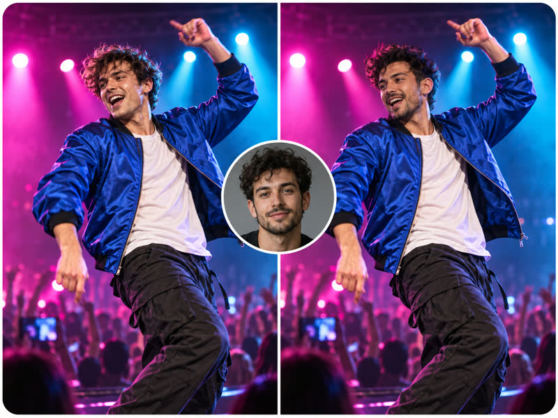 Before and after face swap: a dancer on a neon concert stage, ready to become a poster