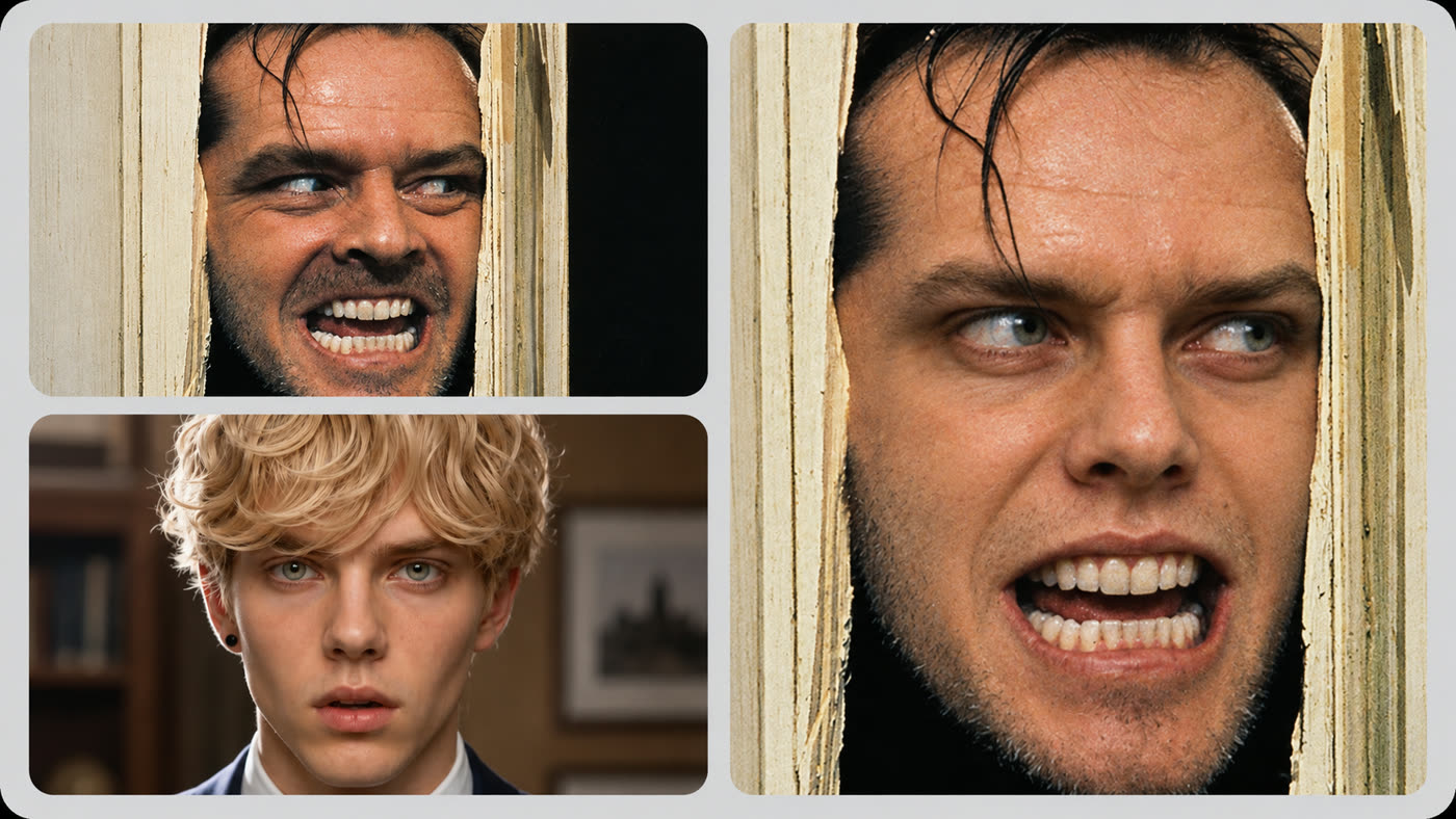 Face swap on a famous film scene: a face photo and the original frame combine into the same scene with the new face