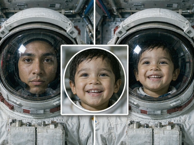 Before and after face swap: an astronaut's face replaced with a laughing toddler's inside the helmet