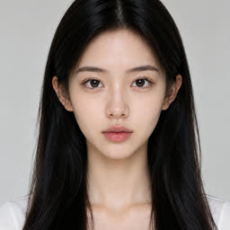 Face photo: portrait of a young woman with long straight black hair against a grey backdrop