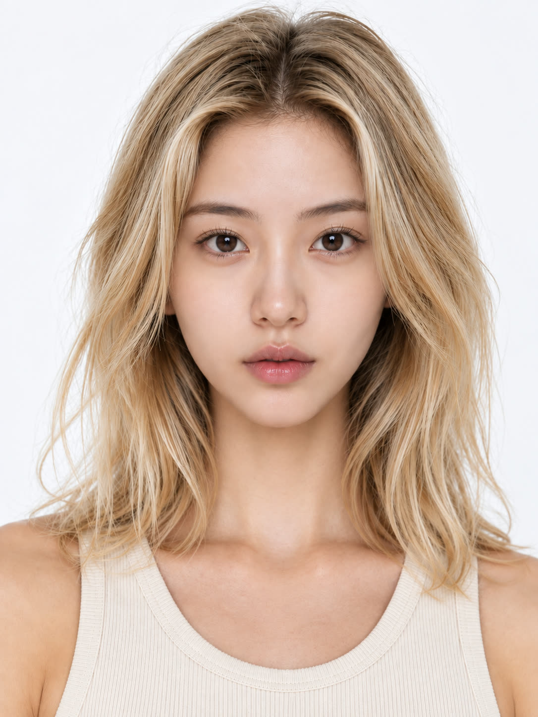 Face swap result: the new face on the target photo, keeping the blonde hair, tank top and lighting