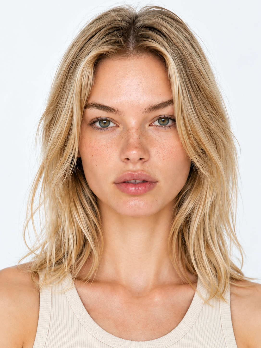 Target photo: portrait of a woman with wavy blonde hair in a cream tank top against a white backdrop