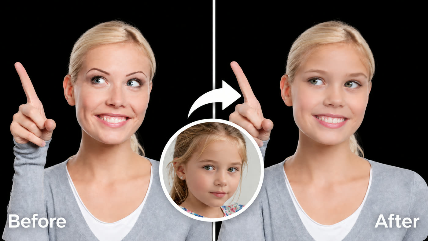 Before and after face swap: a pointing, smiling woman gets a young girl's face for a funny meme