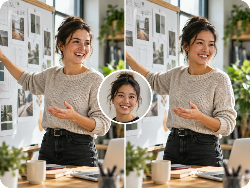 Before and after face swap: a woman presenting in a bright office, with the new face shown in a round inset