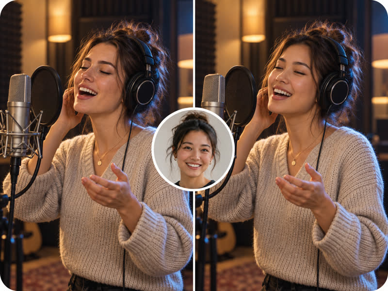 Before and after face swap: a singer in headphones at a studio microphone takes on a new face