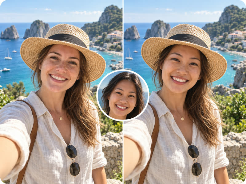 Before and after face swap: a travel selfie in a straw hat above a sunny coastline
