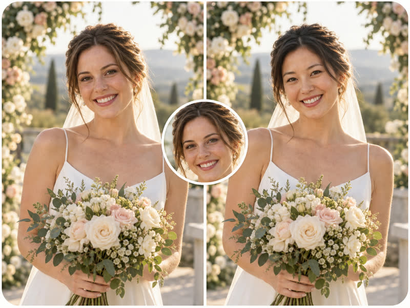 Before and after face swap: a bride holding a bouquet in a garden takes on a new face